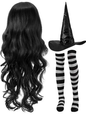 🎃Woman's Black Gray Halloween Witch Hat Wig Striped Thigh High Socks Costume